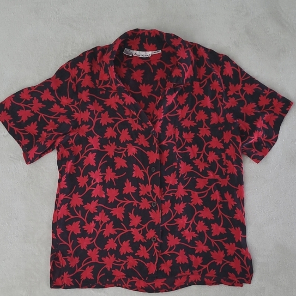 Vintage Anne Klein II Silk Blouse 10 Black Red Floral Shirt Made in Hong Kong